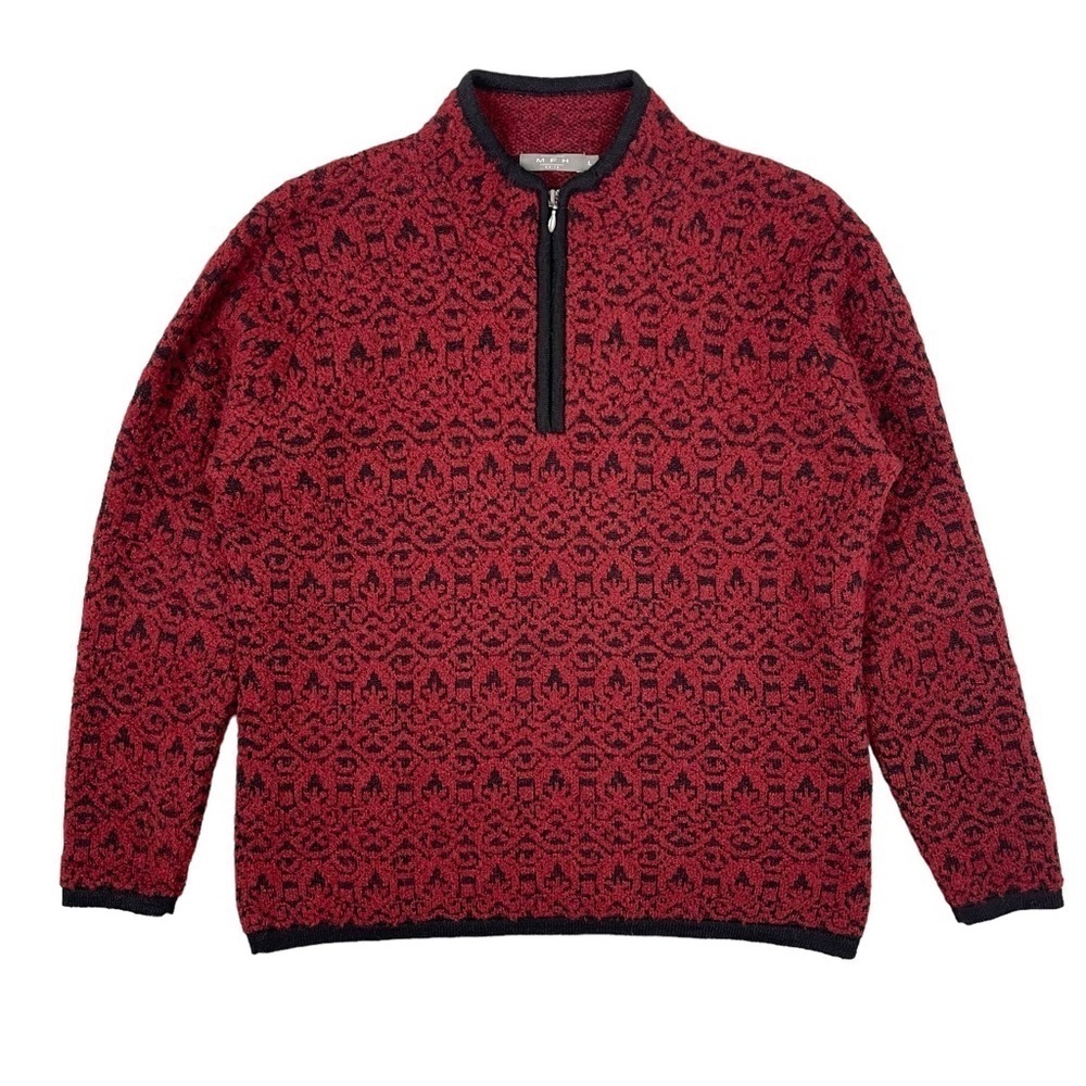 MFH Knits Baby Alpaca Blend Sweater Large Red Printed 1/4 Zip Pullover Soft